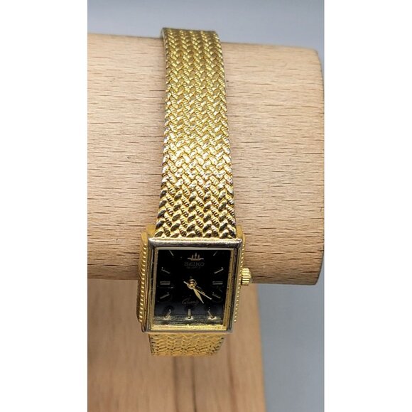 Seiko Galaxy Ladies Tank Watch VTG 1992 Gold Plated Black Dial 20mm 6" Mesh Band - Picture 6 of 16